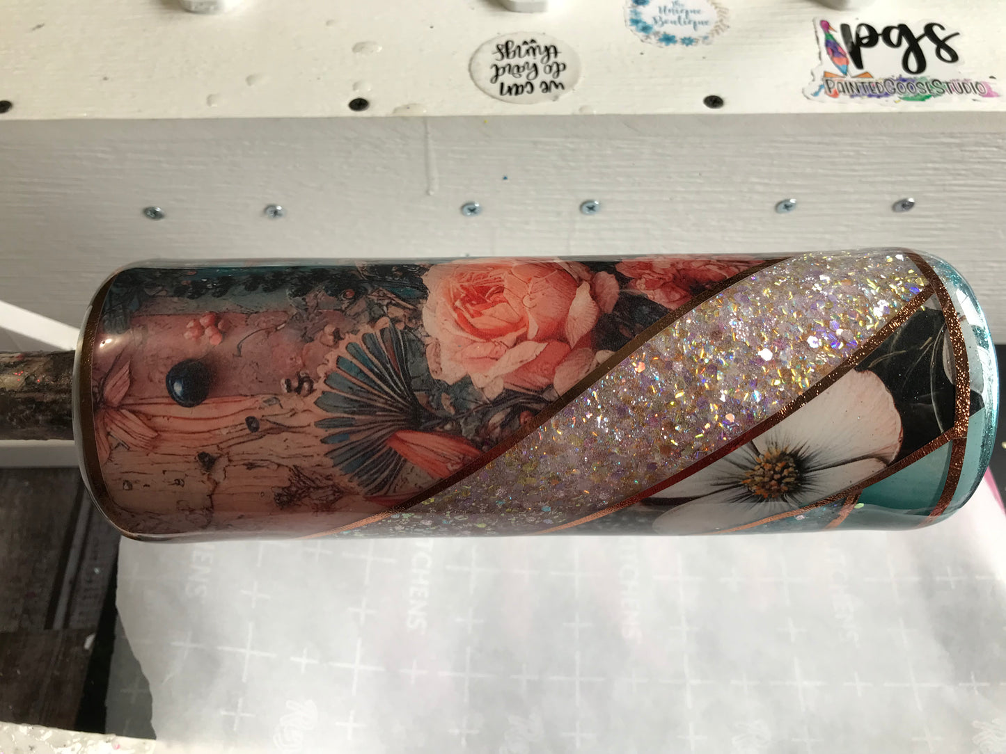 Turquoise and blush glitter tumbler